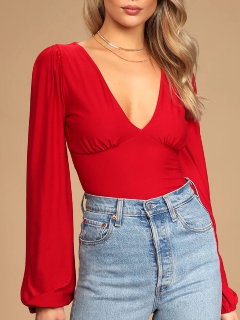 Lulus Open Back Balloon Sleeve Lipstick Red Bodysuit